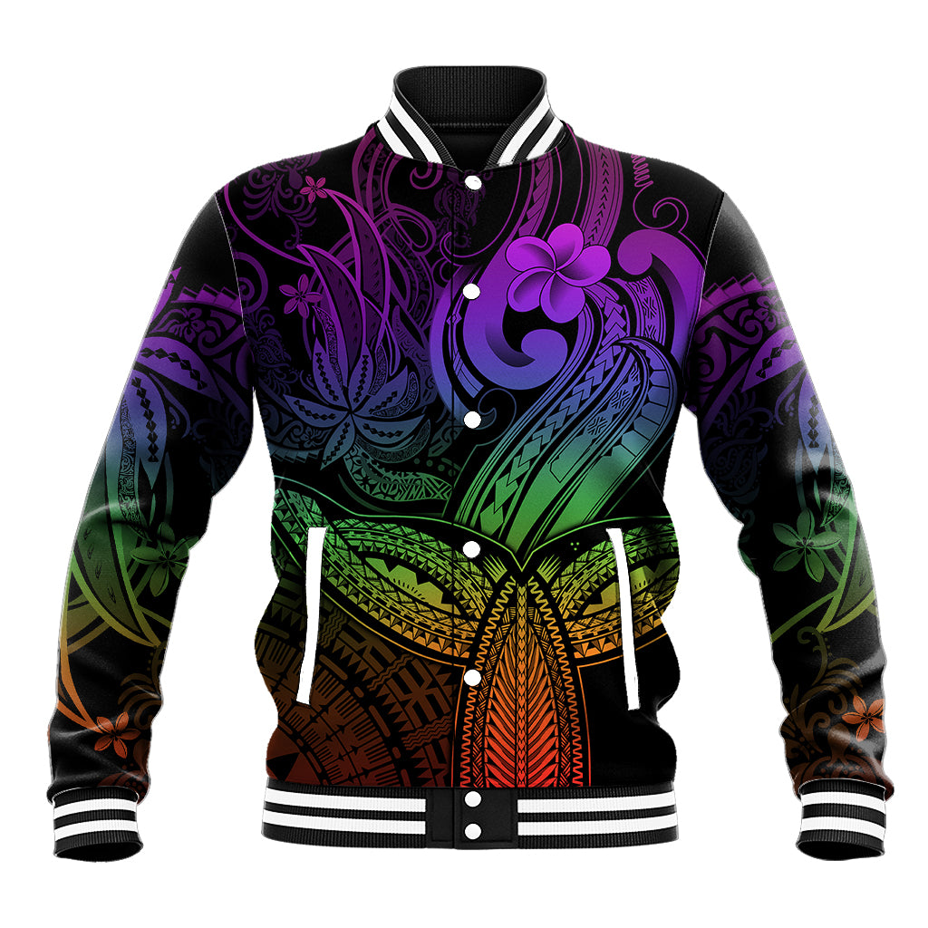 Rainbow tropical print baseball jacket in black, snap-front, striped rib collar and cuffs