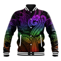 Rainbow tropical print baseball jacket in black, snap-front, striped rib collar and cuffs