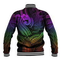 Back view rainbow tropical print baseball jacket, black with striped rib cuffs and hem