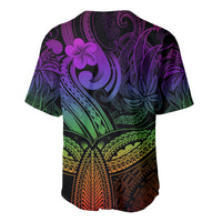 Rainbow tropical baseball jersey with dark V-neck, buttons, and wave and leaf pattern