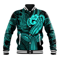 Unisex turquoise baseball jacket with black print, button front, striped ribbed collar