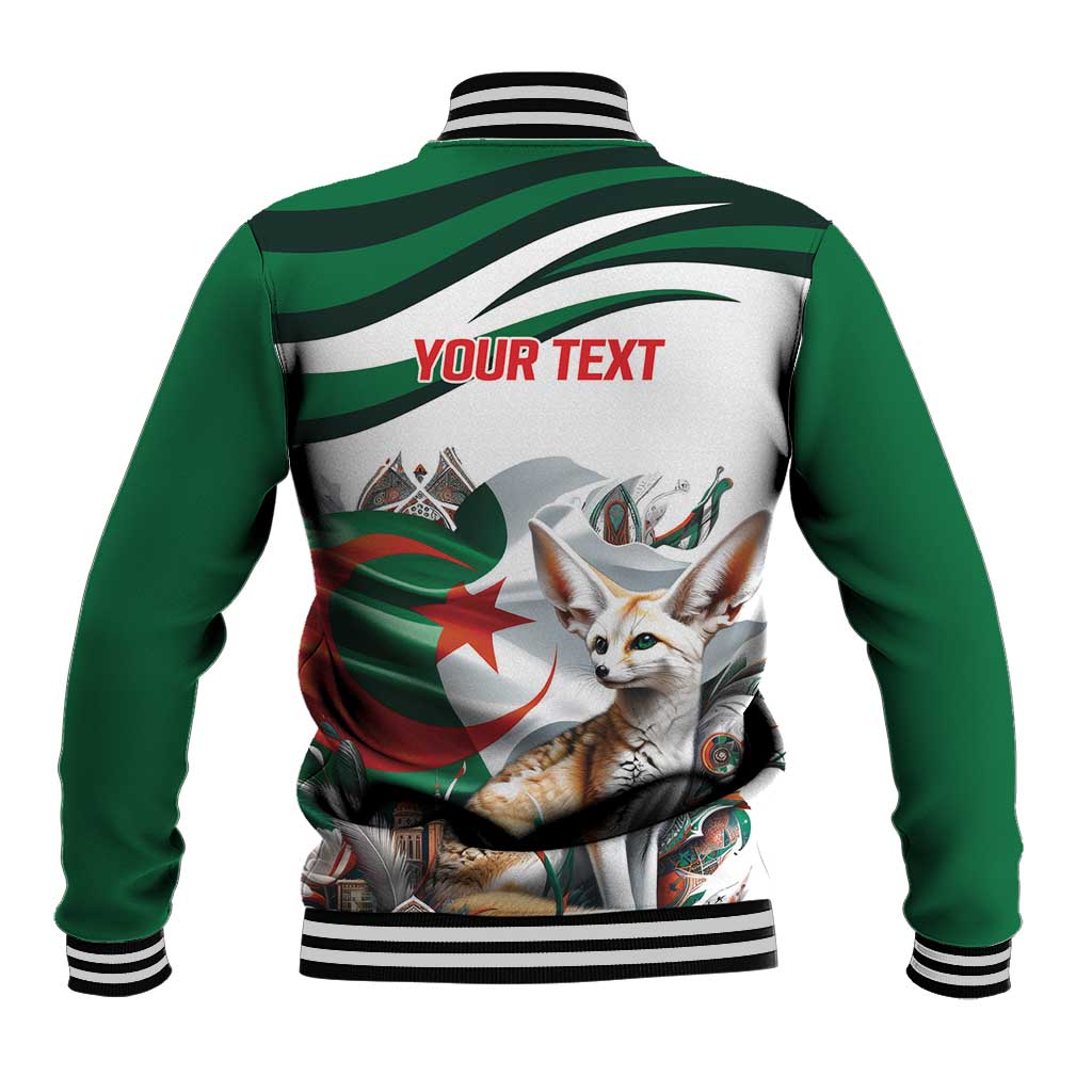 Green and white baseball varsity jacket back with striped ribbed collar; YOUR TEXT and fox art