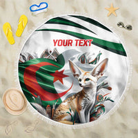Round white beach blanket with fringed edge, fennec fox and Algerian flag design