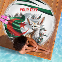 Round white beach blanket with fringed edge, fennec fox and Algerian flag motif