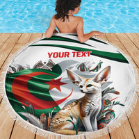 Round white beach blanket with fringed edge, fennec fox and Algerian flag graphic