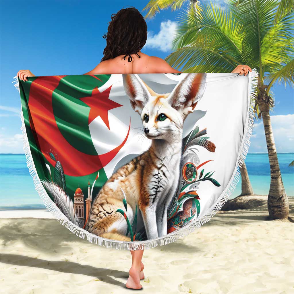 Round white beach blanket with fringed edge, fennec fox and Algerian flag design held up
