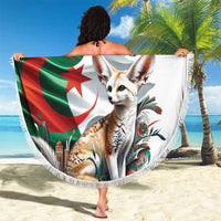 Round white beach blanket with fringed edge, fennec fox and Algerian flag design held up