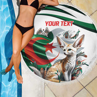 Round white beach blanket with fringed edge, fennec fox and Algerian flag print draped on person