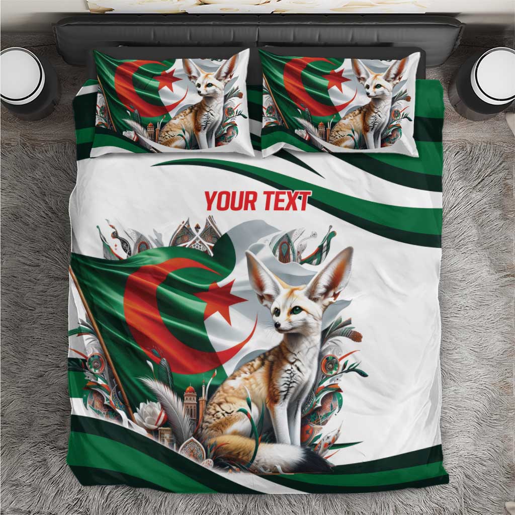 White duvet and pillows with fennec fox print, Algerian flag colors, 'YOUR TEXT'.