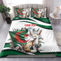 Duvet on bed with fennec fox and Algerian flag print; two matching pillowcases.