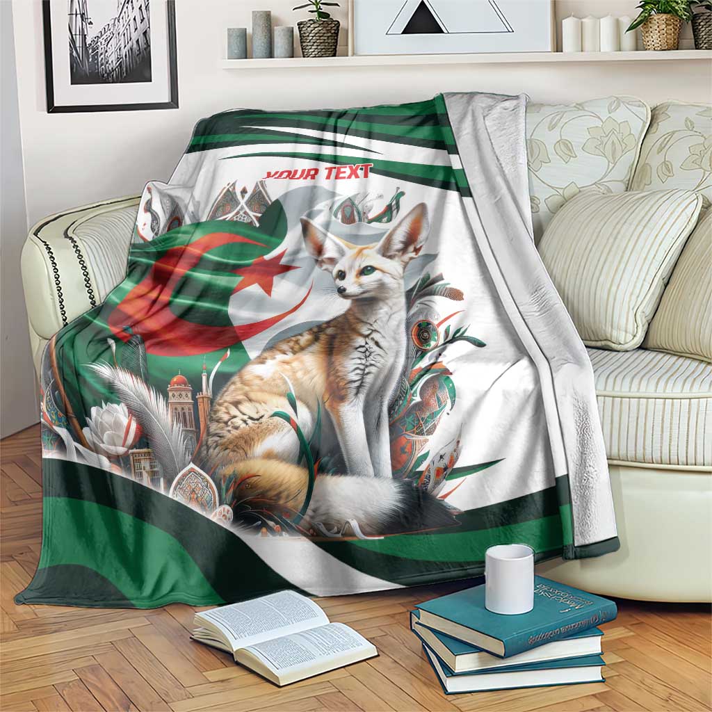 Personalized throw blanket with Algerian flag stripes and illustrated fennec fox, on couch