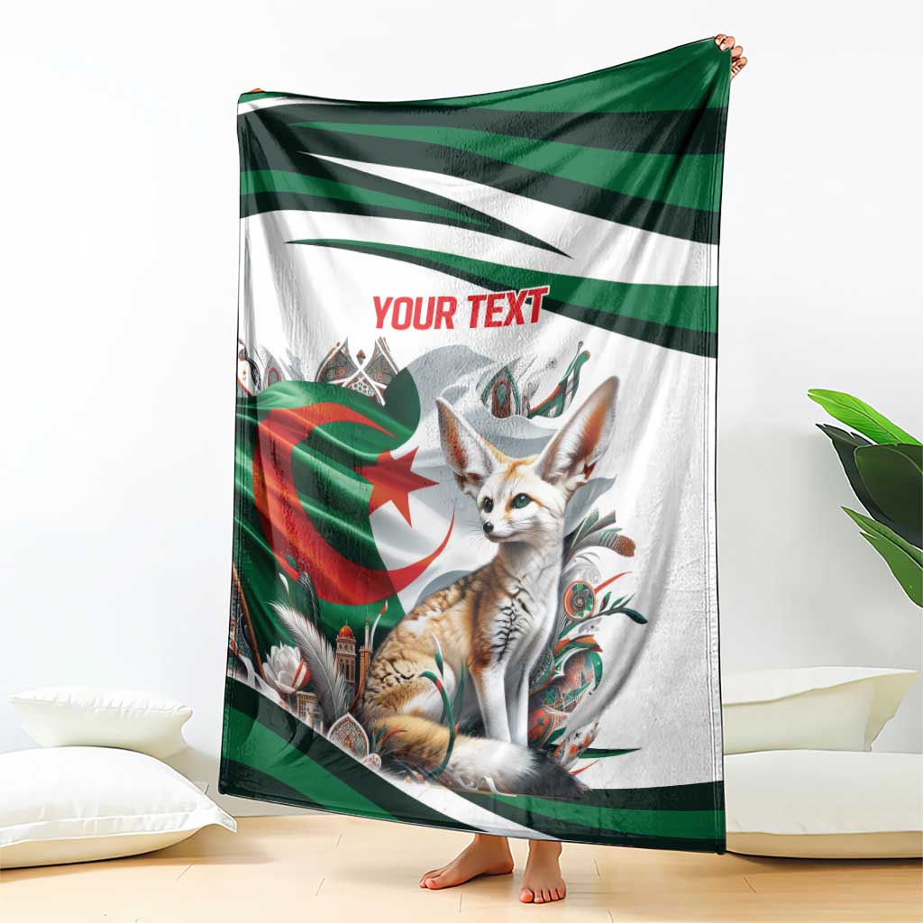 Personalized Algeria-themed blanket draped on floor, white with green stripes and fennec fox art