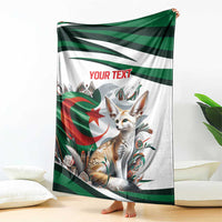 Personalized Algeria-themed blanket draped on floor, white with green stripes and fennec fox art