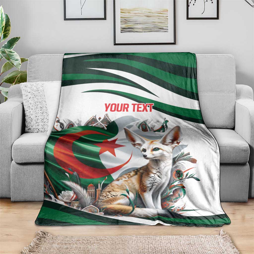 Personalized throw blanket showing fennec fox and Algerian flag, green and white