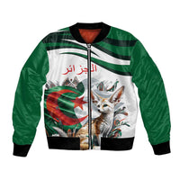 Unisex bomber jacket in white and green with front zipper and Algerian flag cat graphic