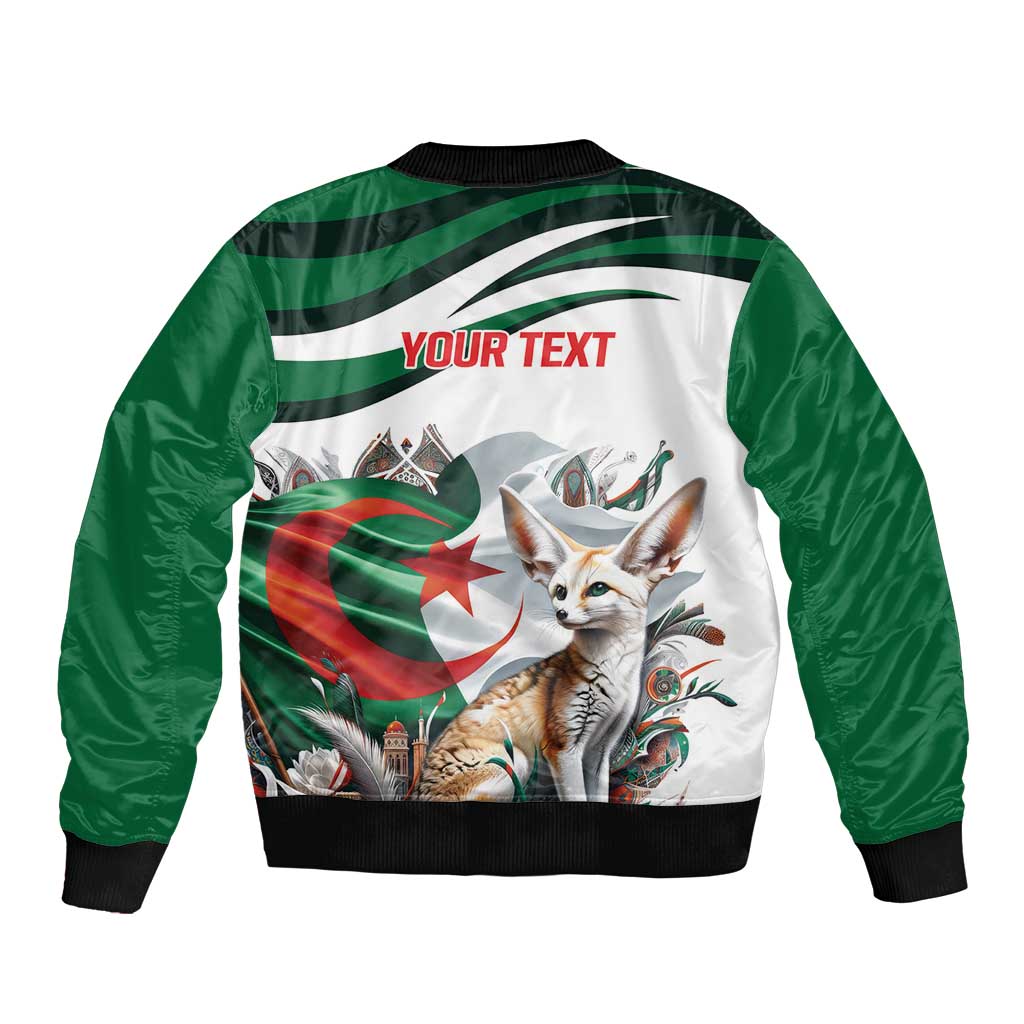 Unisex bomber jacket in white and green with YOUR TEXT on back and cat graphic
