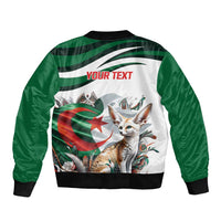 Unisex bomber jacket in white and green with YOUR TEXT on back and cat graphic