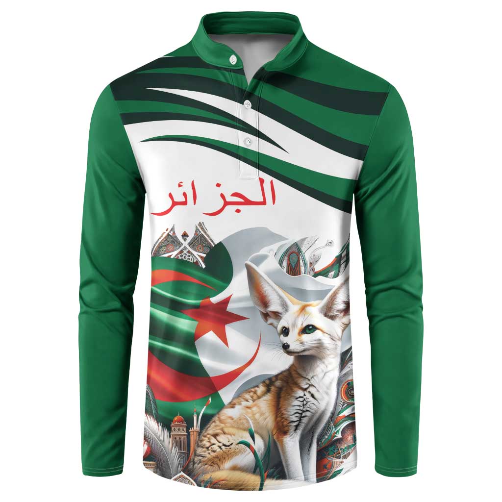 Green button-front sweatshirt with Algerian flag and tabby cat graphic, striped yoke