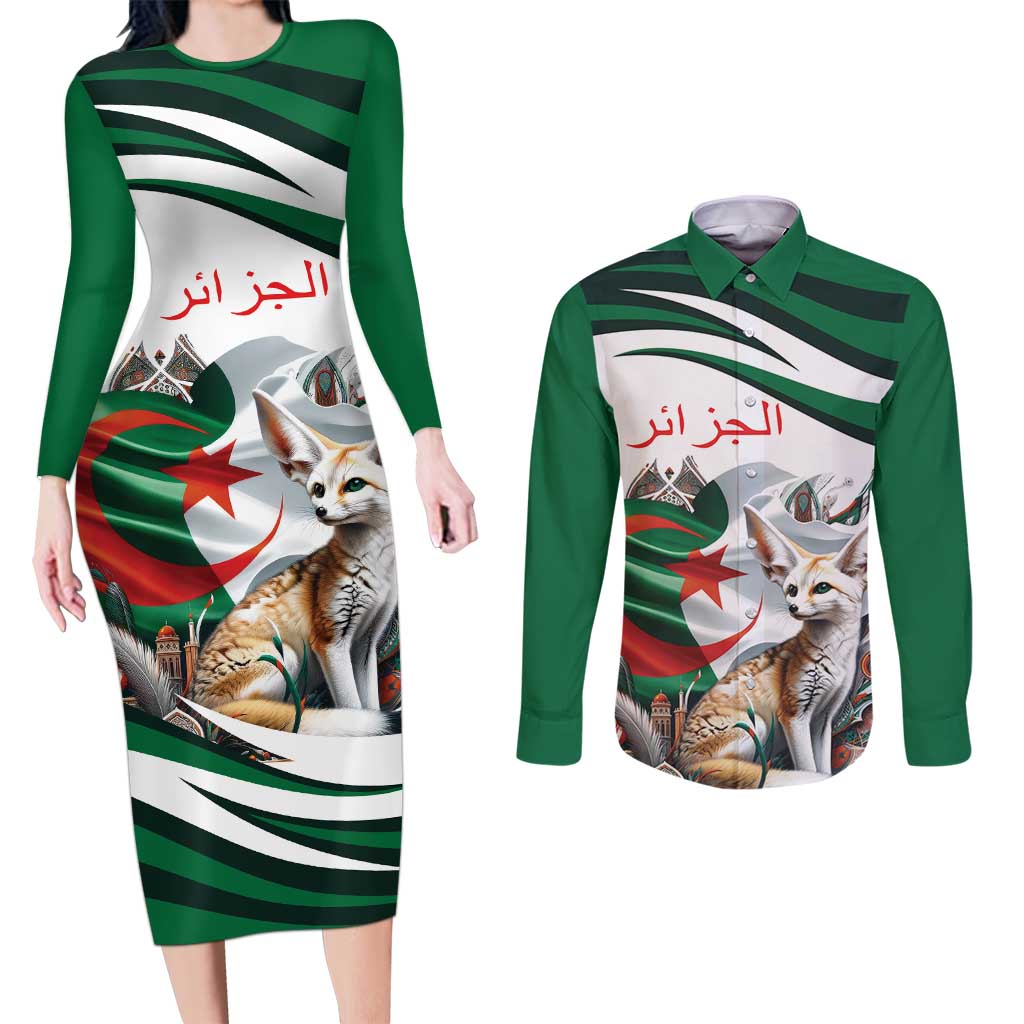 Algeria Fennec Fox Personalized Couples Matching Long Sleeve Bodycon Dress and Long Sleeve Button Shirt with Algerian Culture and Nature LT9 - Wonder Print Shop