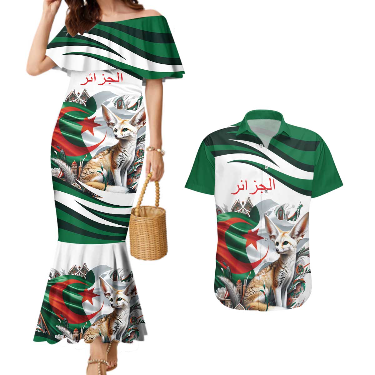 Algeria Fennec Fox Personalized Couples Matching Mermaid Dress and Hawaiian Shirt with Algerian Culture and Nature LT9 - Wonder Print Shop