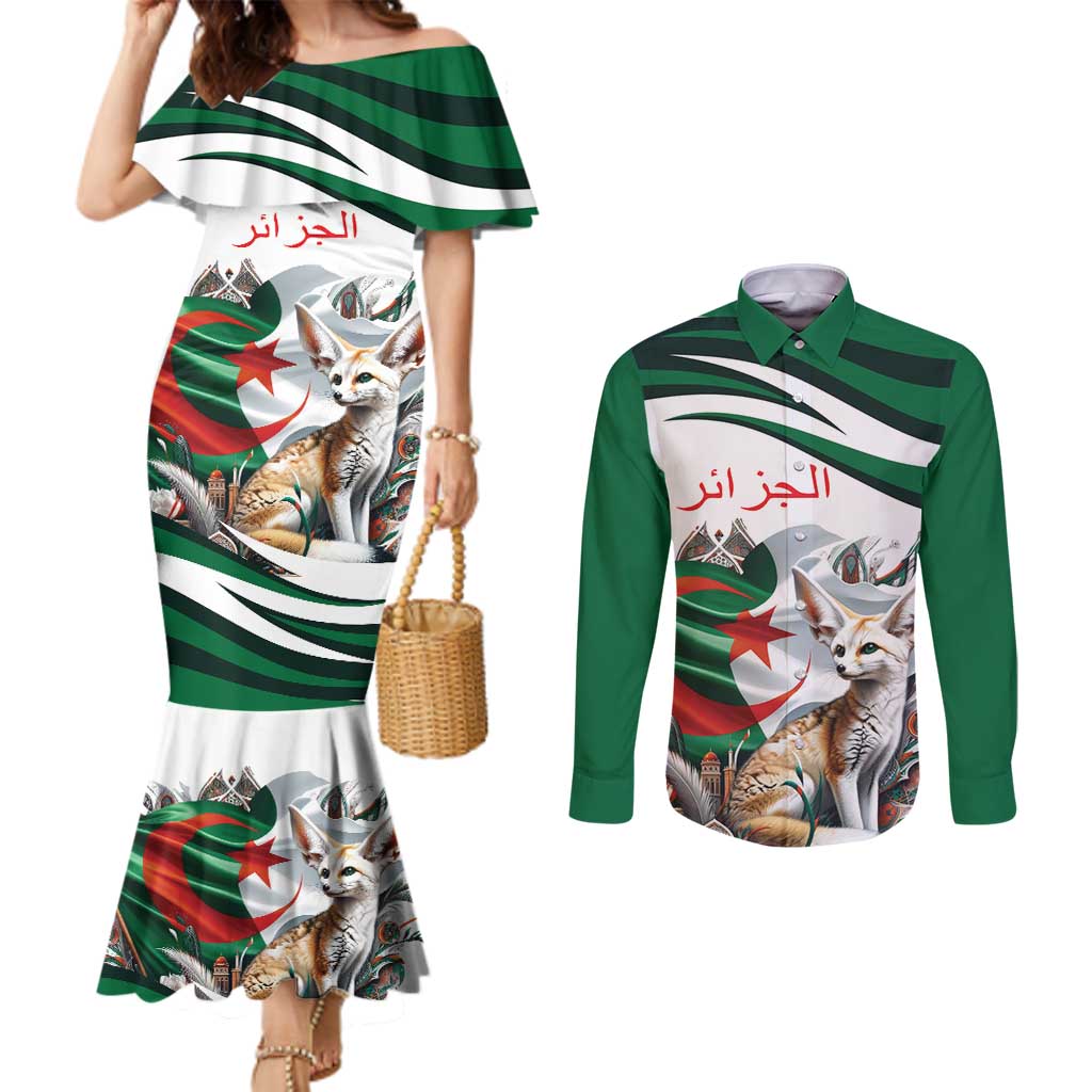 Algeria Fennec Fox Personalized Couples Matching Mermaid Dress and Long Sleeve Button Shirt with Algerian Culture and Nature