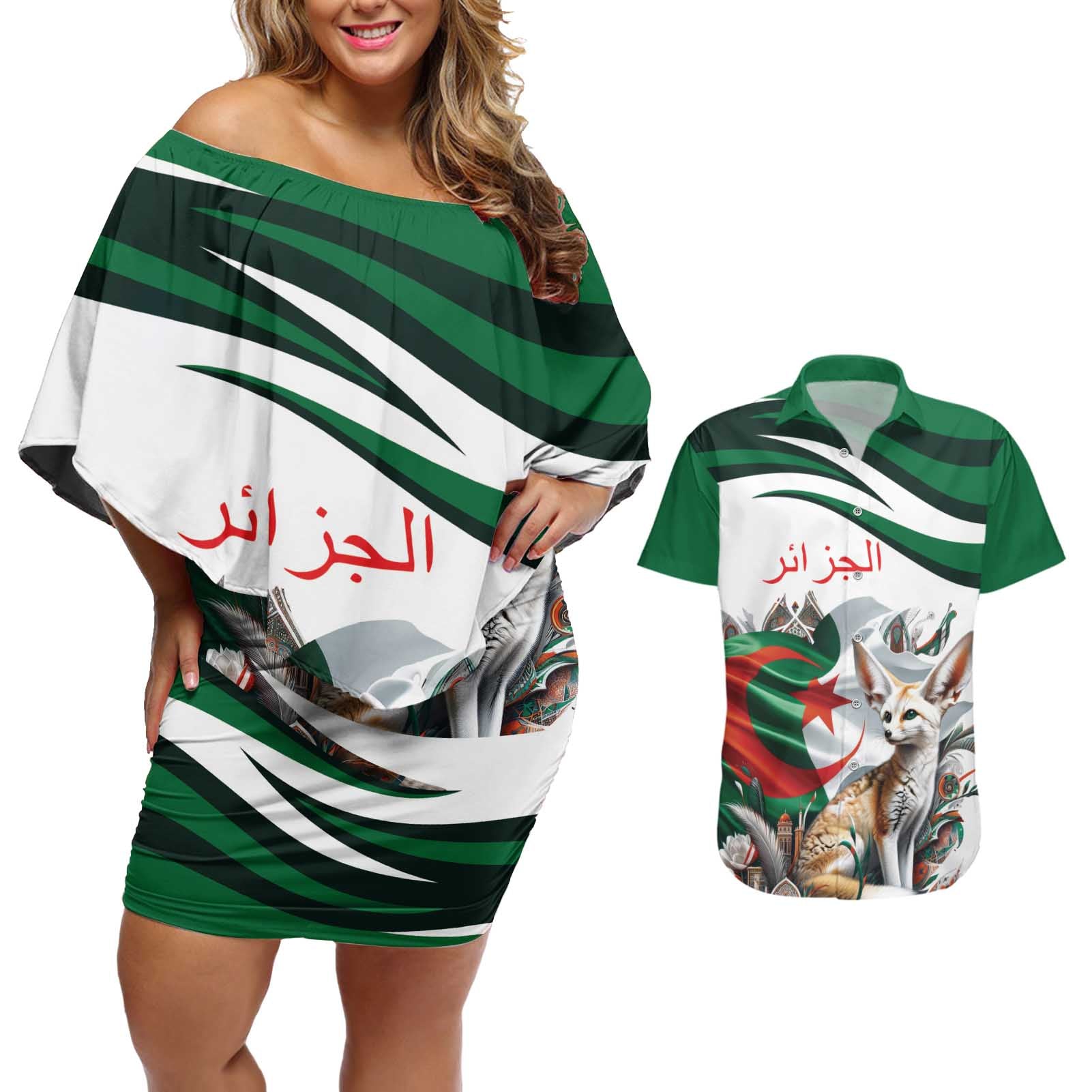 Algeria Fennec Fox Personalized Couples Matching Off Shoulder Short Dress and Hawaiian Shirt with Algerian Culture and Nature LT9 - Wonder Print Shop