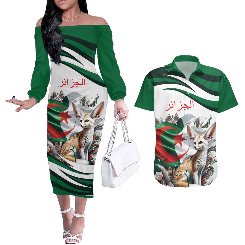 Algeria Fennec Fox Personalized Couples Matching Off The Shoulder Long Sleeve Dress and Hawaiian Shirt with Algerian Culture and Nature LT9 - Wonder Print Shop