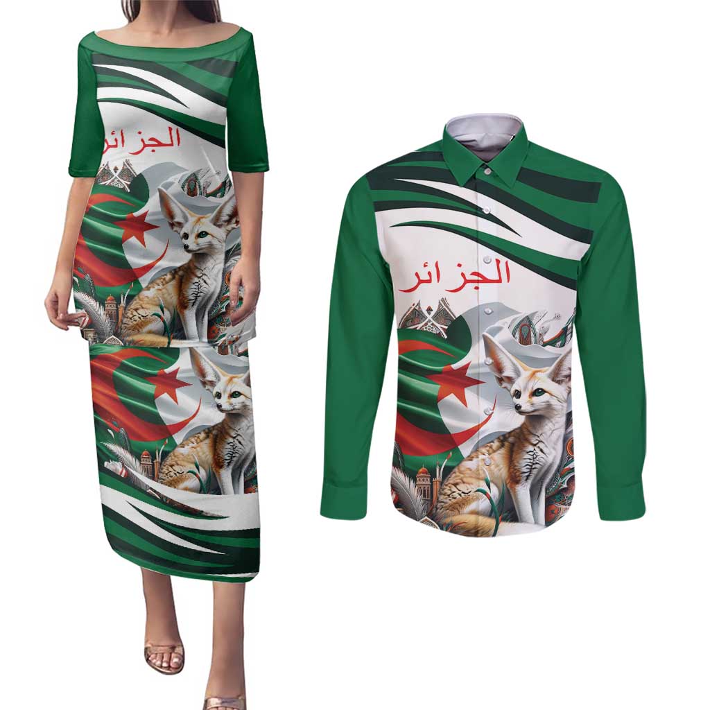 Algeria Fennec Fox Personalized Couples Matching Puletasi and Long Sleeve Button Shirt with Algerian Culture and Nature LT9 - Wonder Print Shop