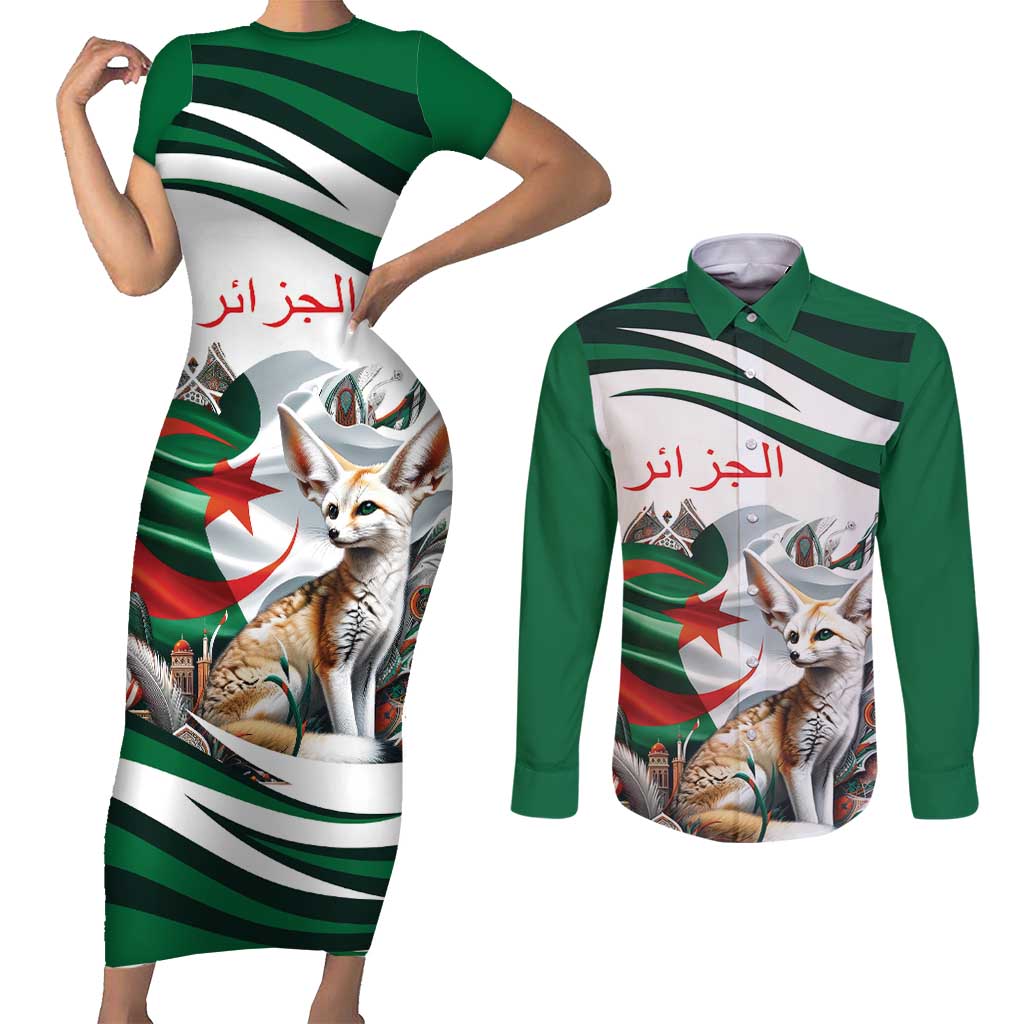 Algeria Fennec Fox Personalized Couples Matching Short Sleeve Bodycon Dress and Long Sleeve Button Shirt with Algerian Culture and Nature LT9 - Wonder Print Shop