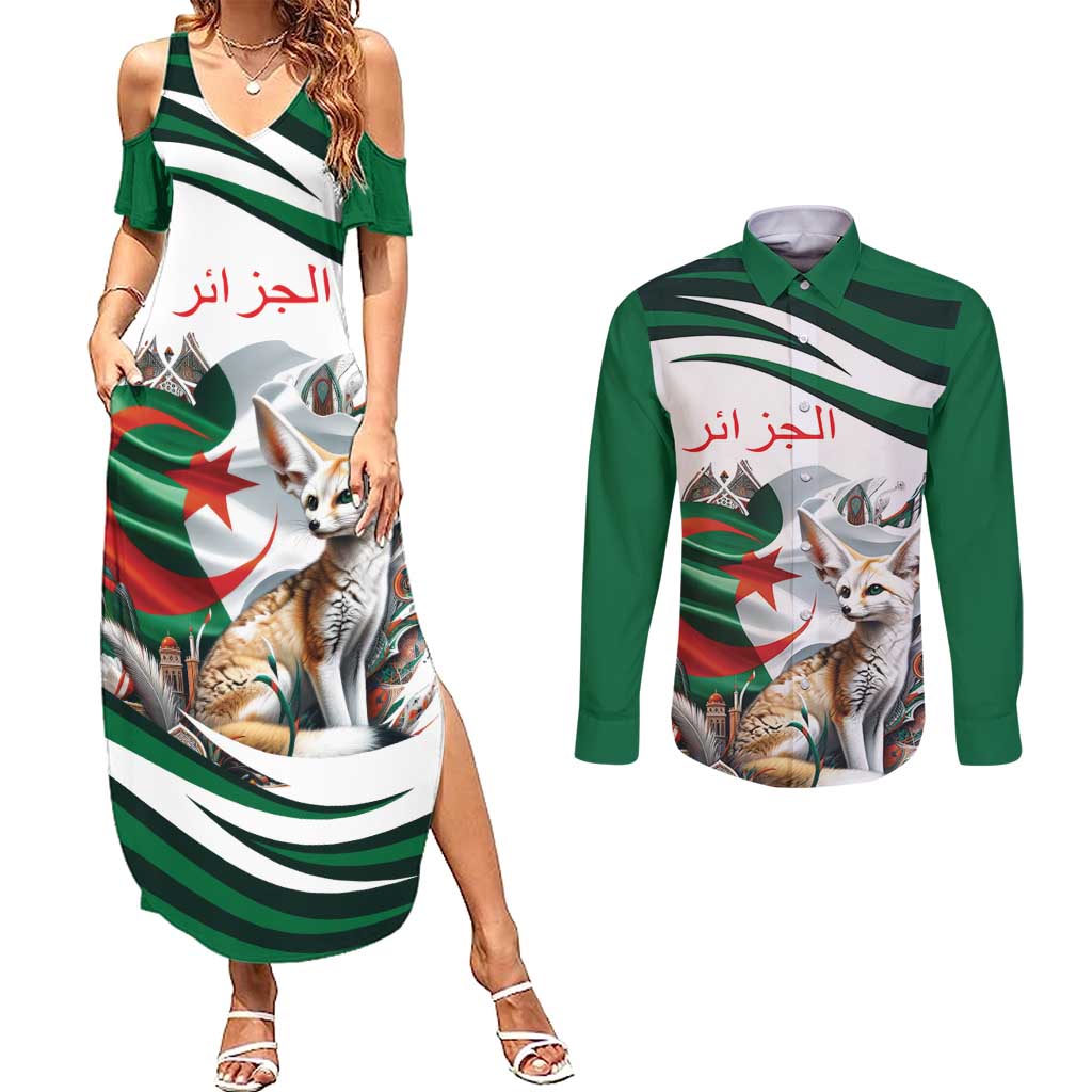 Algeria Fennec Fox Personalized Couples Matching Summer Maxi Dress and Long Sleeve Button Shirt with Algerian Culture and Nature LT9 - Wonder Print Shop