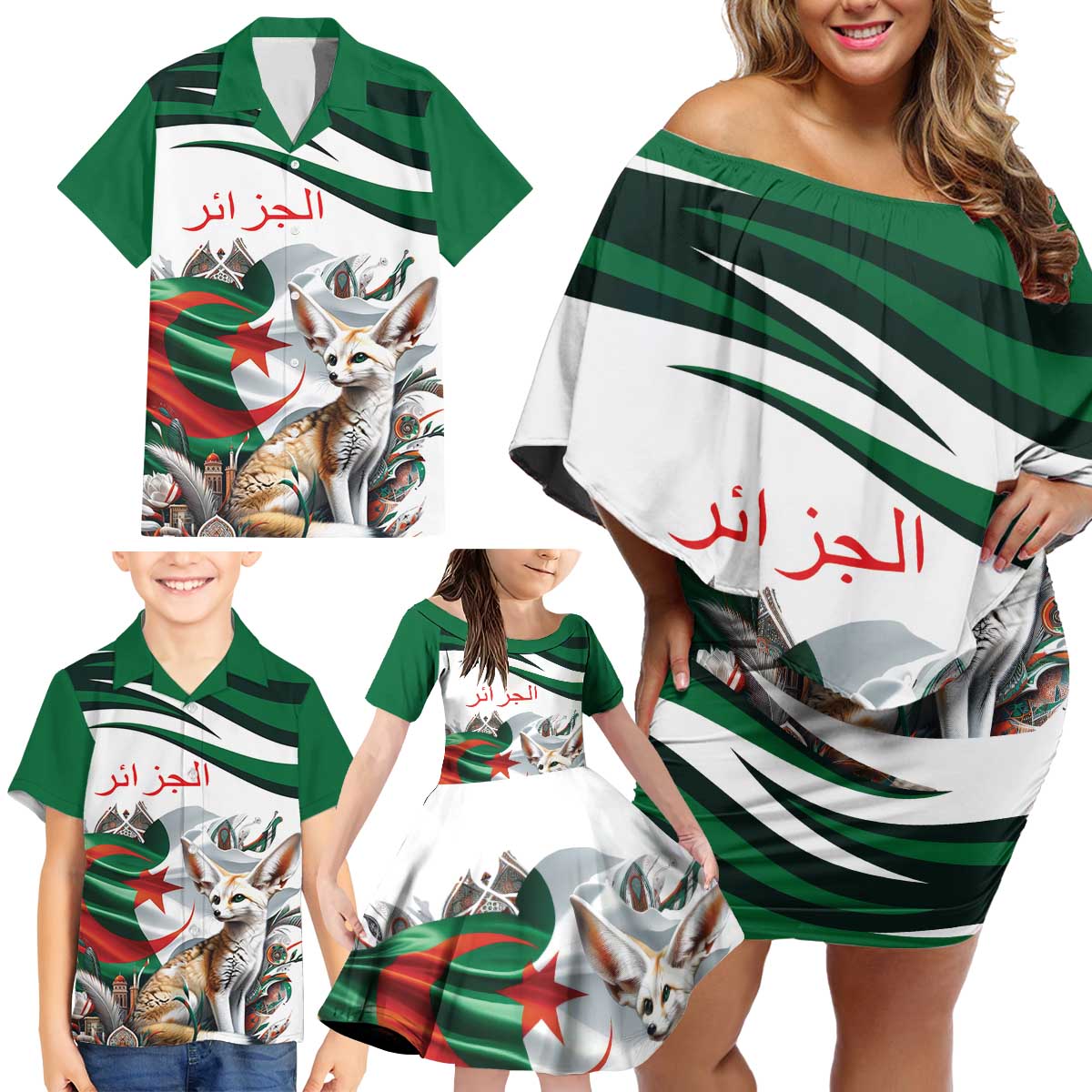 Algeria Fennec Fox Personalized Family Matching Off Shoulder Short Dress and Hawaiian Shirt with Algerian Culture and Nature LT9 - Wonder Print Shop