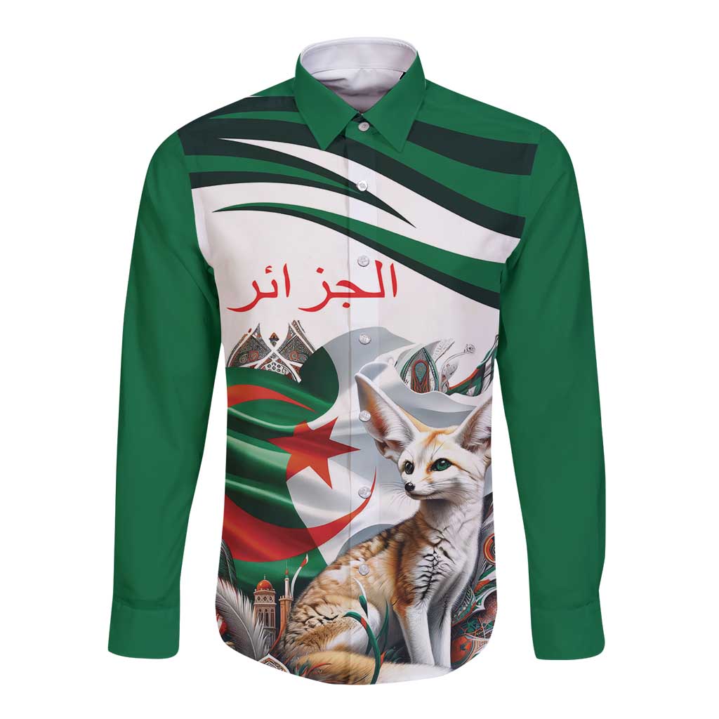 Unisex long sleeve button shirt, green sleeves with Algerian flag cat graphic front