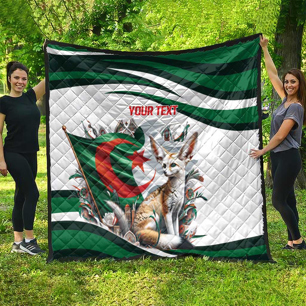 Outdoor display of personalized Algeria-themed quilt with fennec fox and green flag stripes