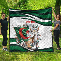 Outdoor display of personalized Algeria-themed quilt with fennec fox and green flag stripes