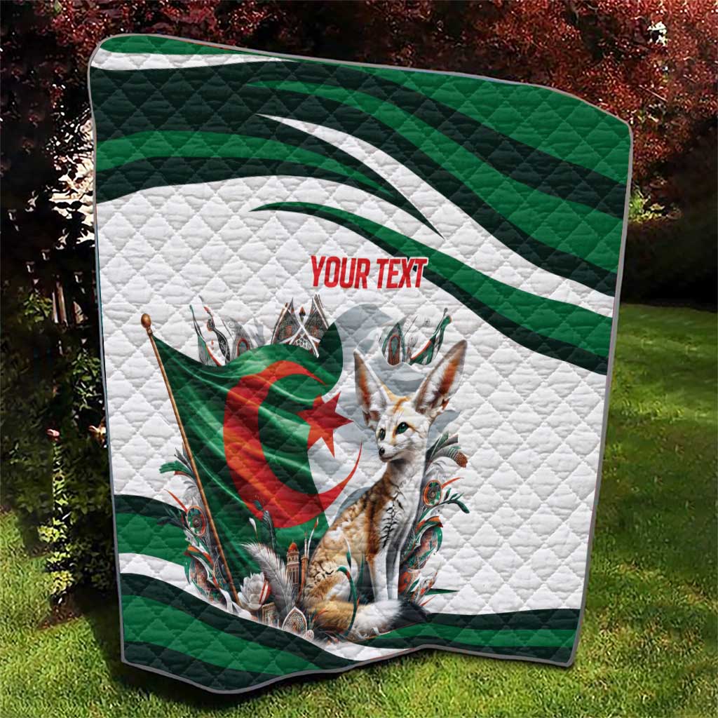 Personalized Algeria-themed quilt laid on grass, white and green stripes with fennec fox image