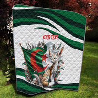 Personalized Algeria-themed quilt laid on grass, white and green stripes with fennec fox image