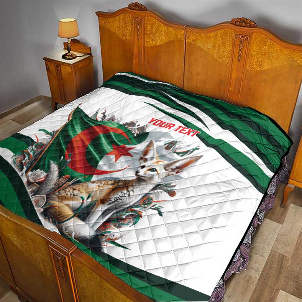 Algeria-themed personalized quilt on a bed, white diamond pattern with green stripe