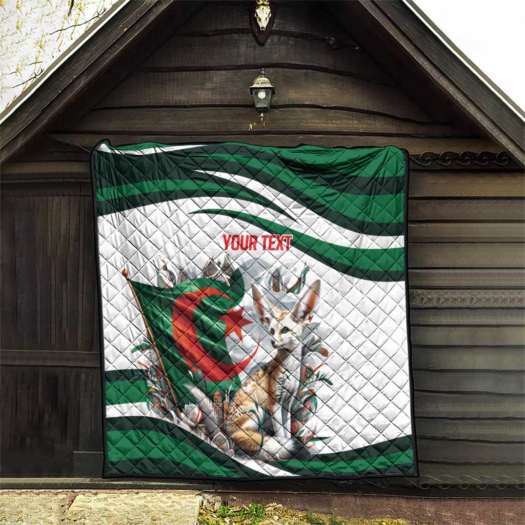 Personalized Algeria-themed quilt hanging on a porch, white and green striped design