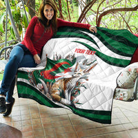 Personalized Algeria-themed quilt draped over a bench, white background with green stripes