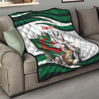 Personalized Algeria-themed quilt on a sofa, white and green stripes with fennec fox art
