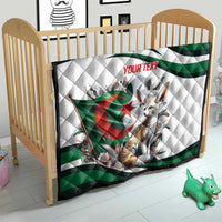 Personalized Algeria-themed quilt on a wooden baby crib, white diamond quilting and green stripes