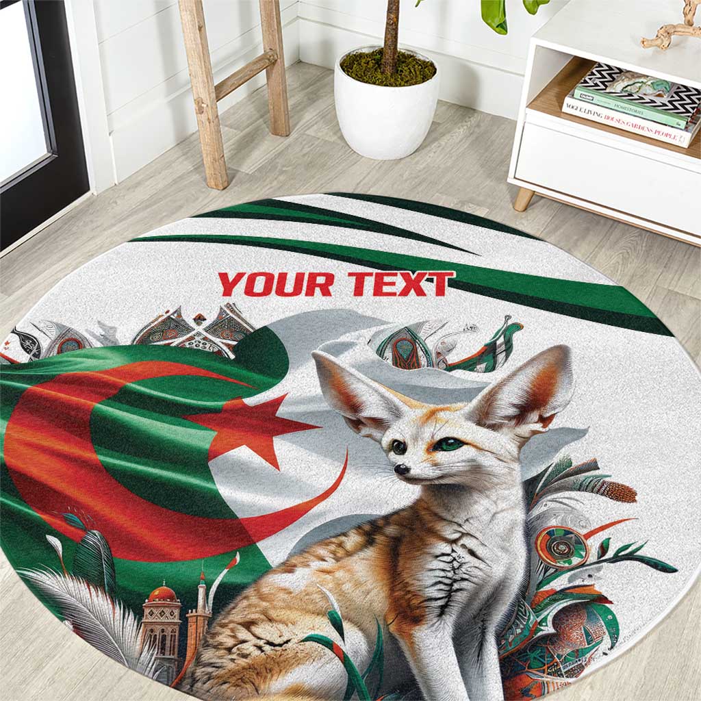 Close-up of round fennec fox carpet with Algerian flag motif and green stripe border