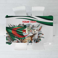 Personalized white tablecloth with green and black stripe border and fox illustration