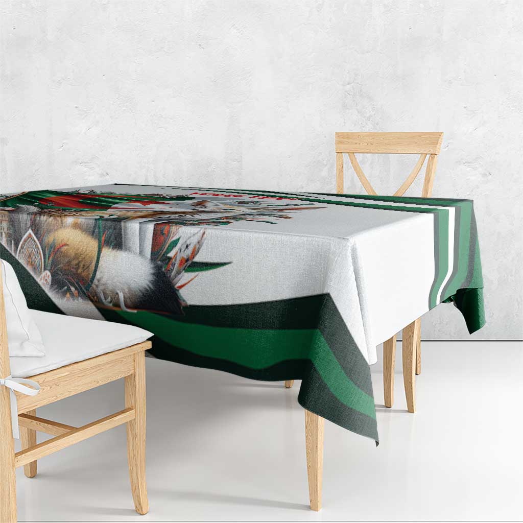 Personalized white tablecloth with green and black stripes and fox illustration draped on bench