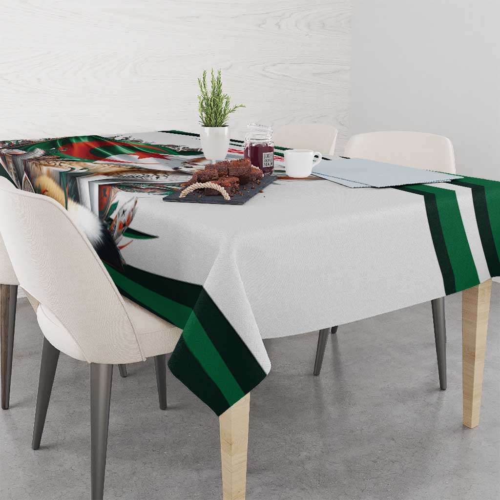 Personalized white tablecloth with green stripe border and fennec fox artwork on table