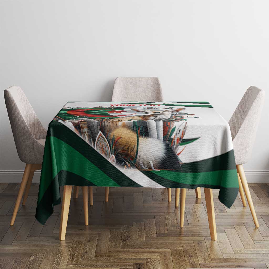 Personalized white tablecloth with green stripe border and fox artwork on small dining table