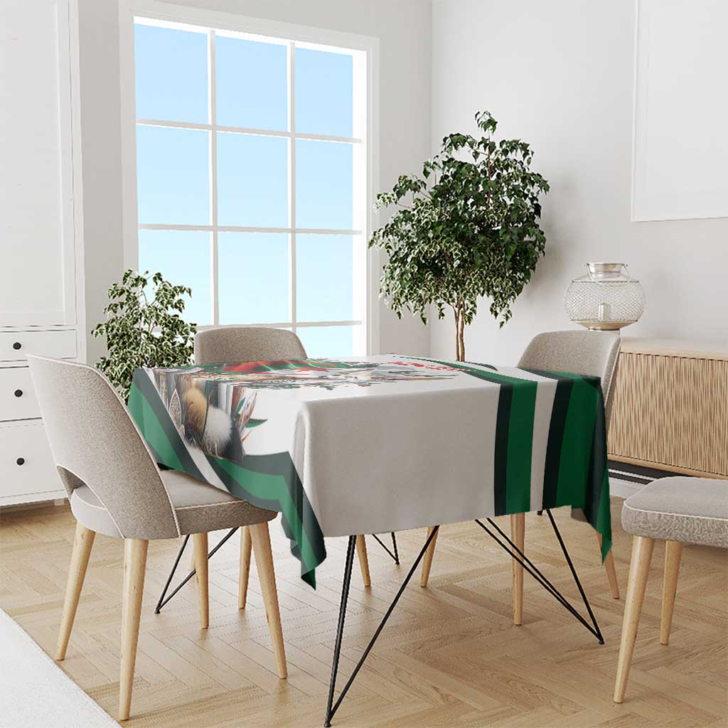 Personalized white tablecloth with green and black stripes and fox illustration on dining set