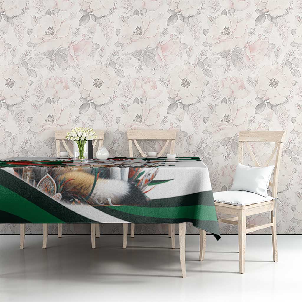 Personalized white tablecloth with green stripe border and fennec fox print on sofa table