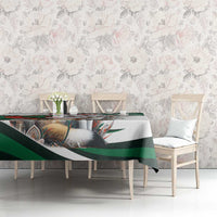 Personalized white tablecloth with green stripe border and fennec fox print on sofa table