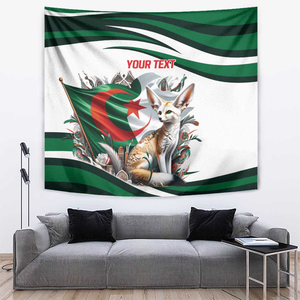Personalized Algeria tapestry with fennec fox, Algerian flag stripes, and red text